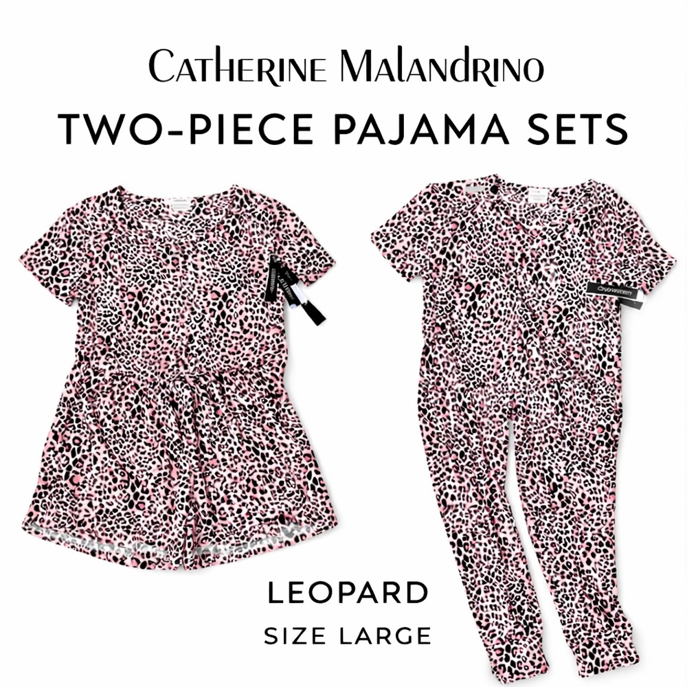 NWT Catherine Malandrino Pink Leopard Pajama Sets L LARGE Shorts & Pants 2‎ Sets